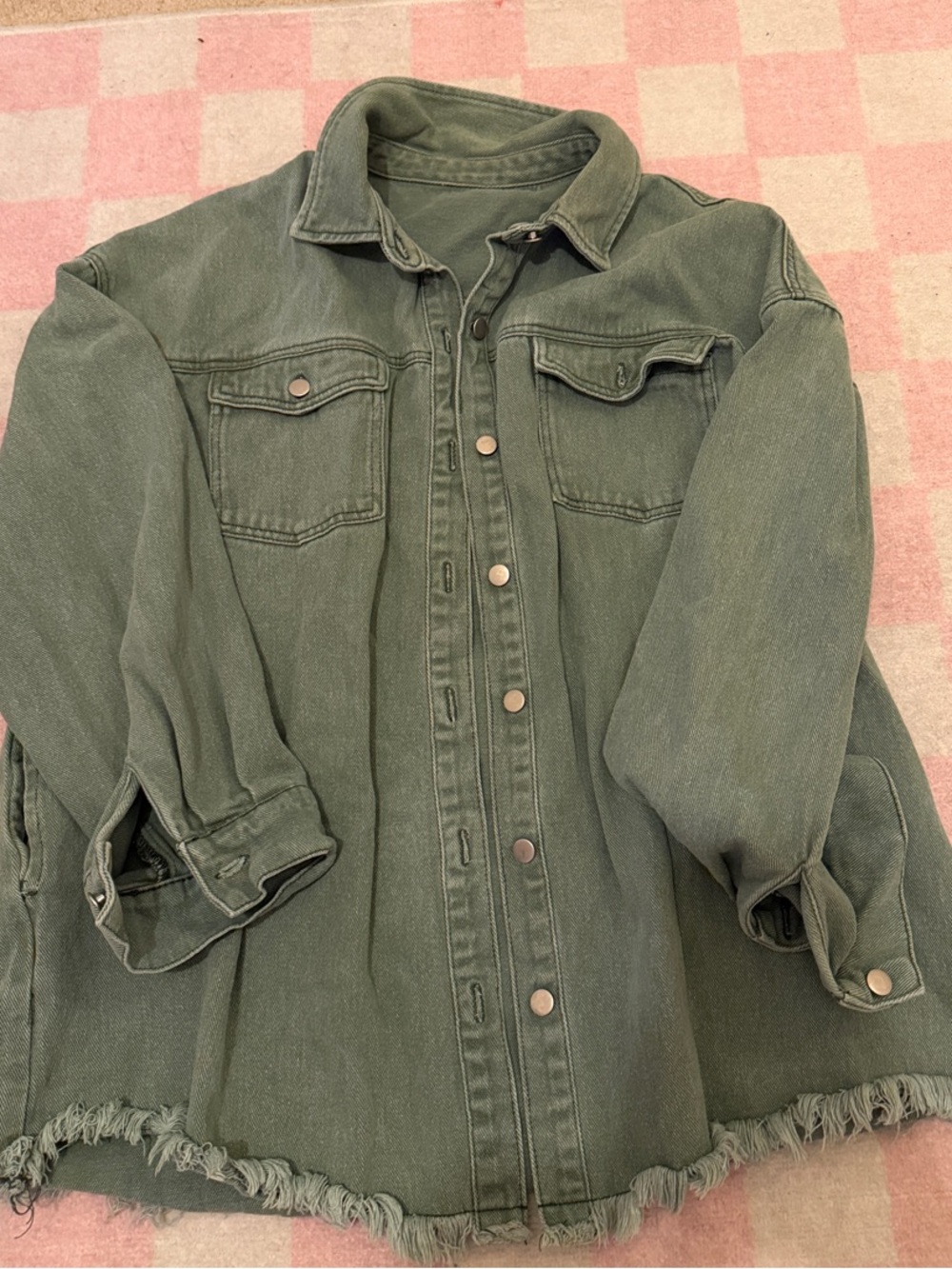 Oversized Green Denim Jacket with Frayed Hem